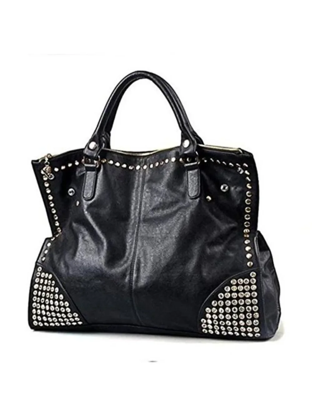 Black Vegan Leather Rivet Satchel Tote Top Handle Shoulder Bag Adjustable Strap